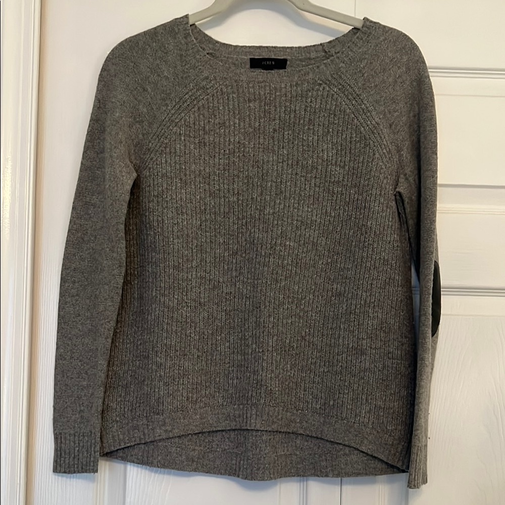 J.Crew 100% Wool Gray Ribbed Sweater Leather Elbow Patches
